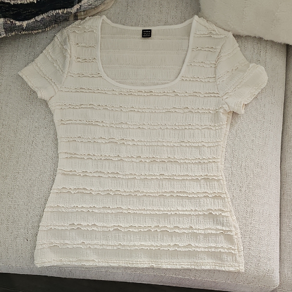 New Two Shirts Pink Ruffle Top, Cream Ruffle T-shirt Perfect For Spring! - Picture 3 of 12